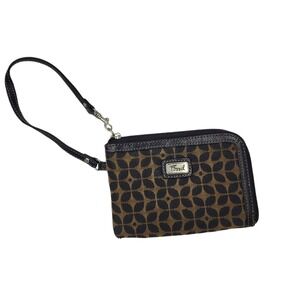Fossil Brown Black Monogram Canvas Print Credit Card Thin Wristlet CLEAN